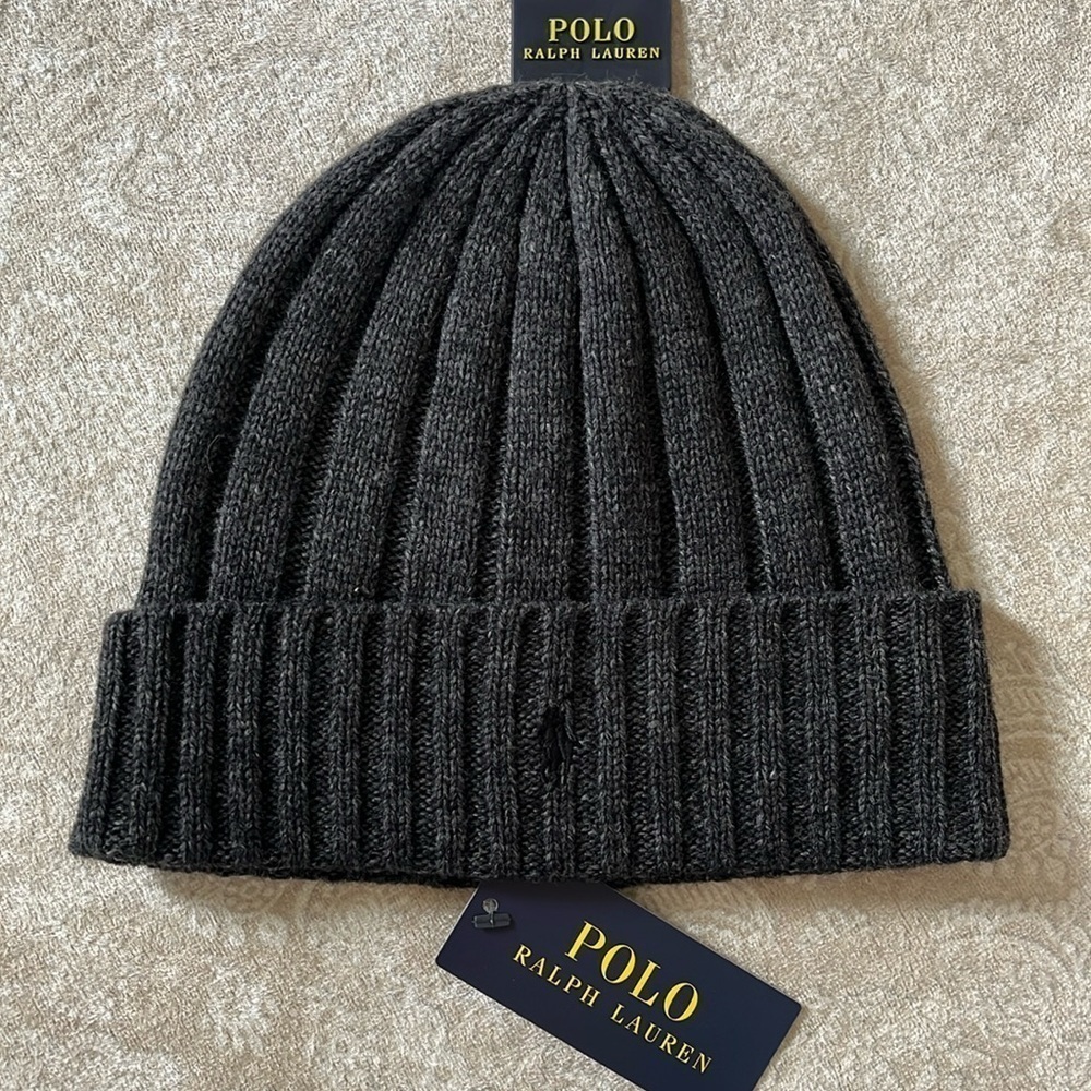 Brand New Polo Ralph Lauren Dark Grey Knit Wool Beanie Ribbed Cuff Hat Pony